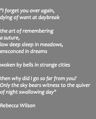  "I forget you over again, dying of want at daybreak the art of remembering a suture, low deep sleep in meadows, ensconced in dreams woken by bells in strange cities then why did I go so far from you? Only the sky bears witness to the quiver of night swallowing day" Rebecca Wilson 